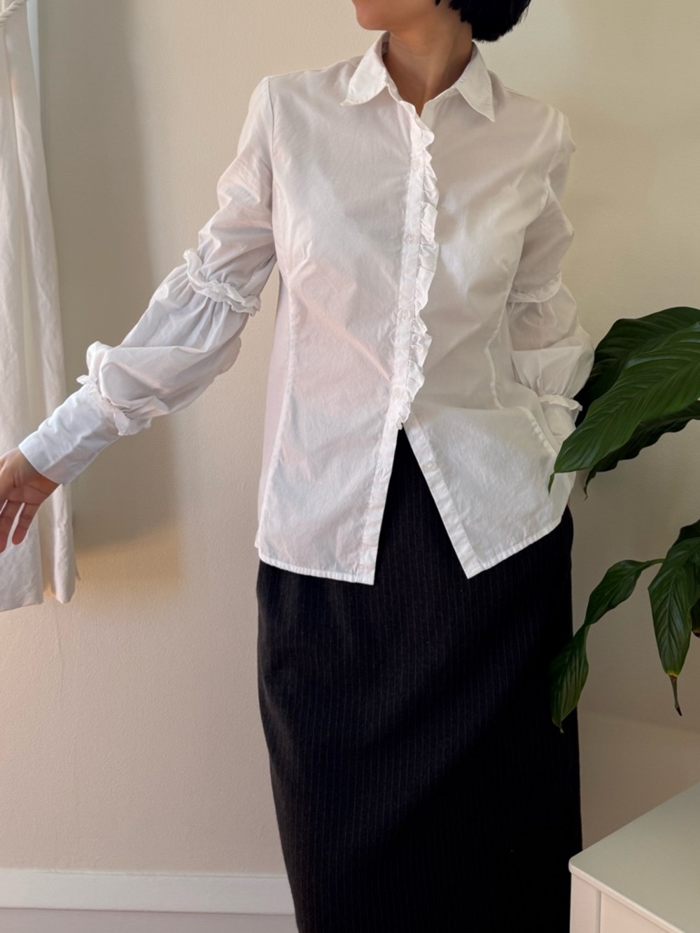 Max Edition 100% Cotton White Button Up Shirt Ruffled Balloon Sleeves Size Small